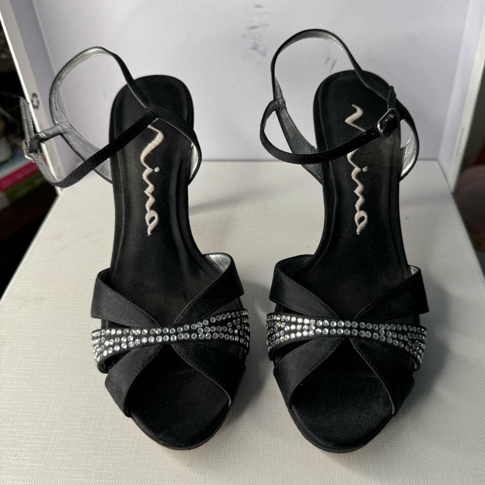 Nina black satin with diamond embellishments 3.5” dress heels